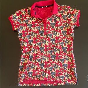 Vibrant Women’s Polo Shirt - Red and Blue Floral Design